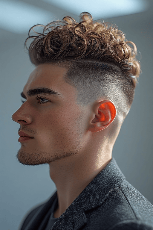 Trendy-Curly-Haircuts-For-Men 11 Man with curly pompadour hairstyle featuring lifted curls and tapered sides.