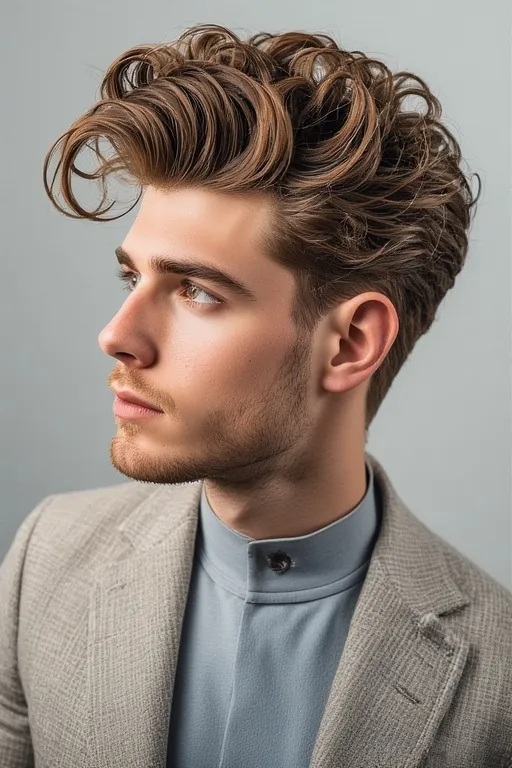 Trendy curly haircuts for men 10 Man with curly pompadour hairstyle combining volume and elegance