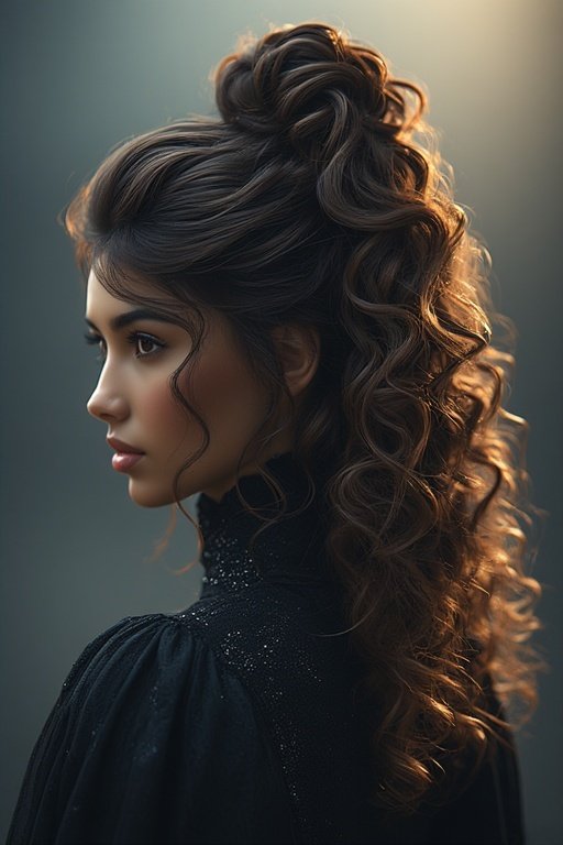 beautiful-curly-hair-looks 6 A woman with a high curly ponytail showcasing shiny, well-defined curls and elegant style.
