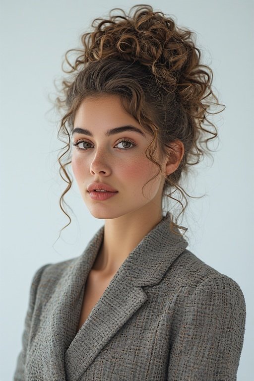 Beautiful curly airstyles for women 6 Woman with high curly ponytail showing shiny, voluminous curls in a glamorous style.