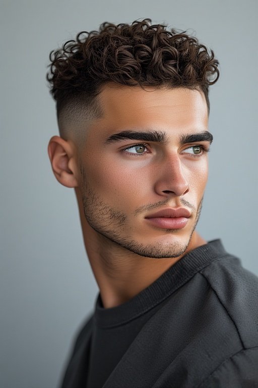 Curly Hair Men’s Styles 8 Man featuring curly top with tapered sides hairstyle, clean and defined.