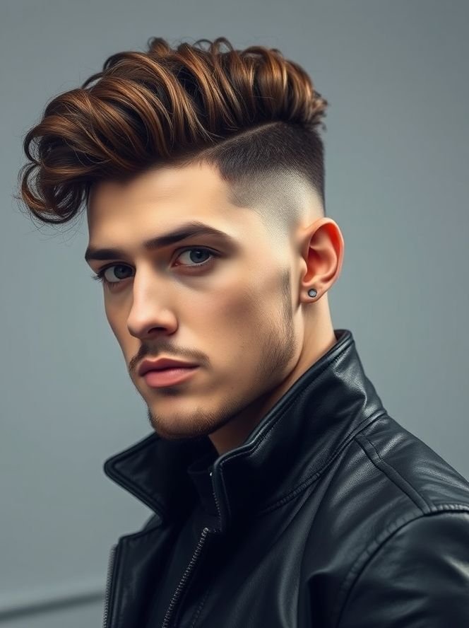 Curly Hair Men’s Styles 4 A modern portrait of a man with a curly undercut — shaved sides with thick curly top styled upward. The lighting highlights the contrast between short sides and voluminous curls. He’s dressed in a dark leather jacket for an edgy look.