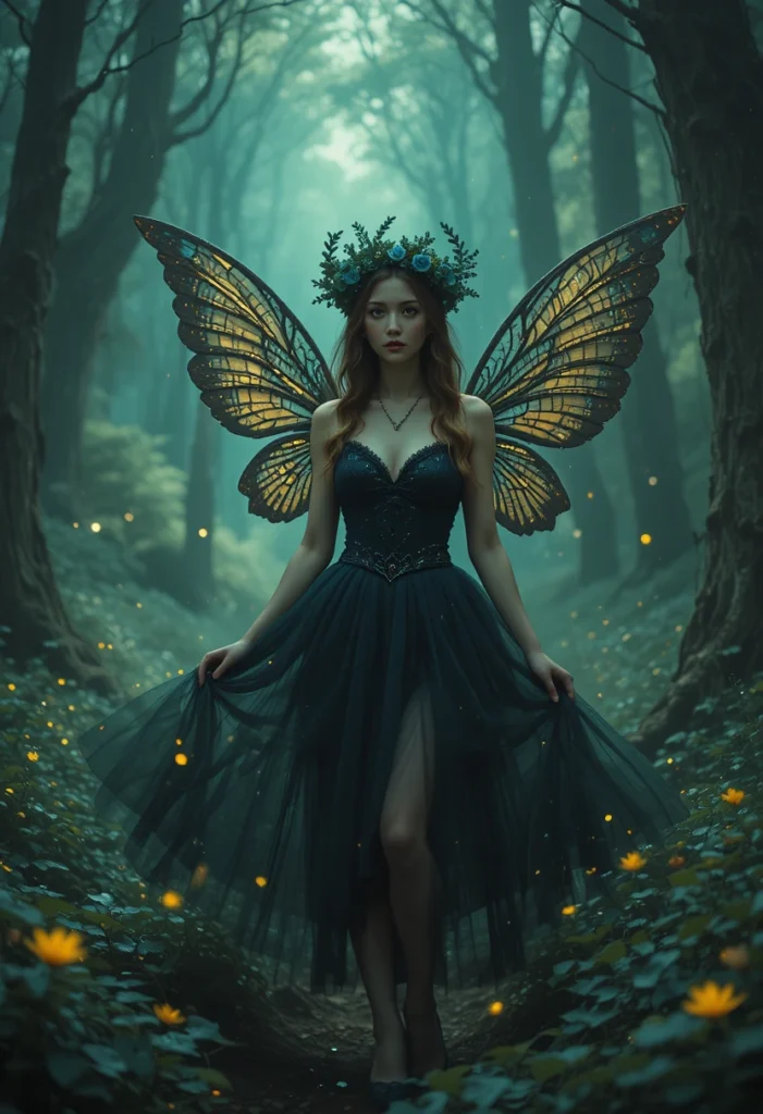 10+Spooky Halloween Outfit Ideas 9 A dark fairy with black wings and a flower crown standing in a glowing, mystical forest.