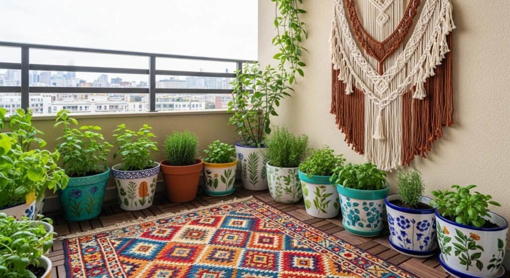 16 Stylish Balcony Ideas to Elevate Your Home Design 8 Balcony with macramé wall hanging, planters, and patterned rug.