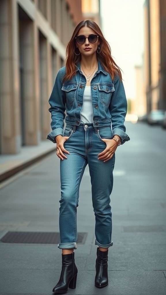 Street Style Looks: Trendy Outfit Ideas for Everyday Fashion 4 Double denim street style with cropped denim jacket and high-waisted jeans in contrasting washes.