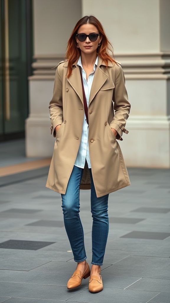 Effortless Neutral Outfits Ideas 6 Beige trench coat layered over blue jeans and white shirt in timeless neutral outfit