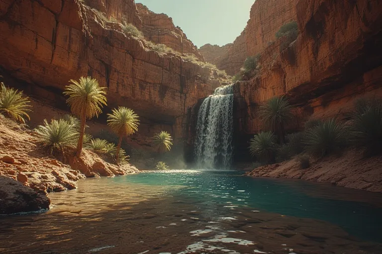 Beautiful Nature Ideas with Waterfalls 13 Waterfall in a desert canyon oasis with rocky cliffs and palm trees.