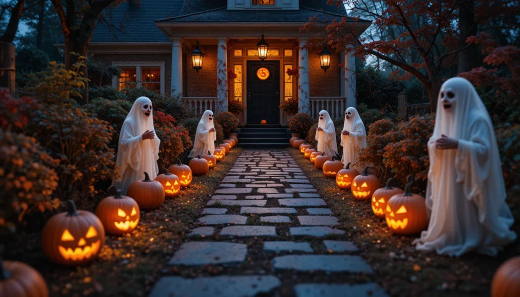 Halloween Porch & Outdoor Decorations 9 Halloween pathway lined with glowing pumpkins and lanterns leading to the porch.