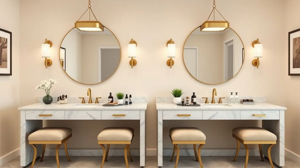 Vanity Decor Ideas for a Stylish Home 12 Full 16:9 double vanity with twin mirrors, matching décor, and symmetrical makeup styling.