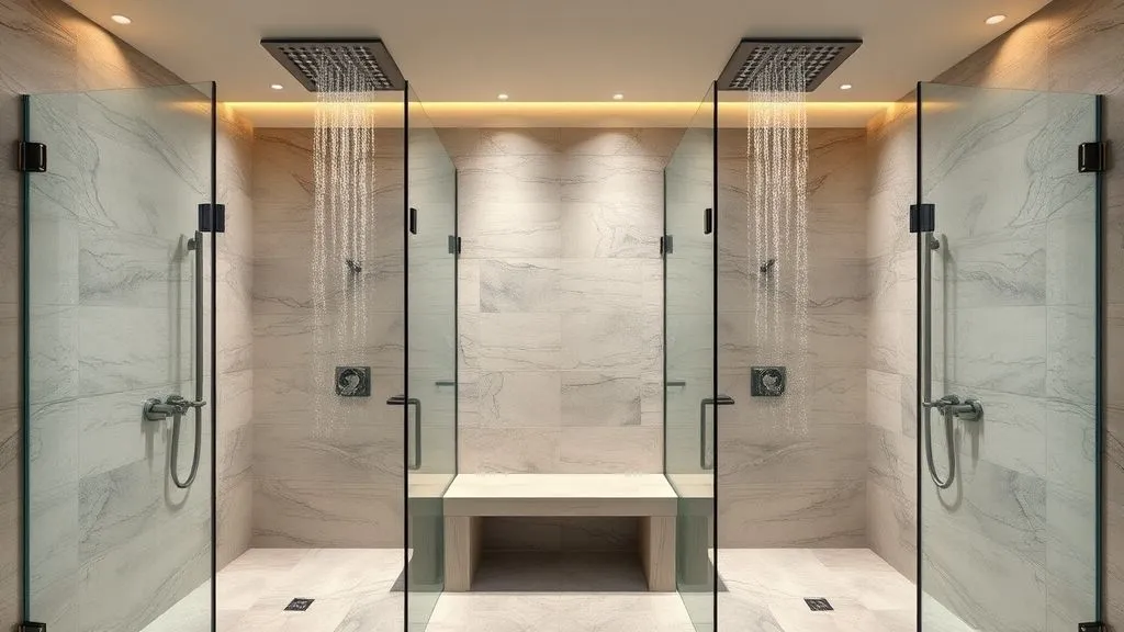Master Bathrooms with Walk-In Showers 9 Luxury double walk-in shower with dual rainfall heads and marble tile interior.
