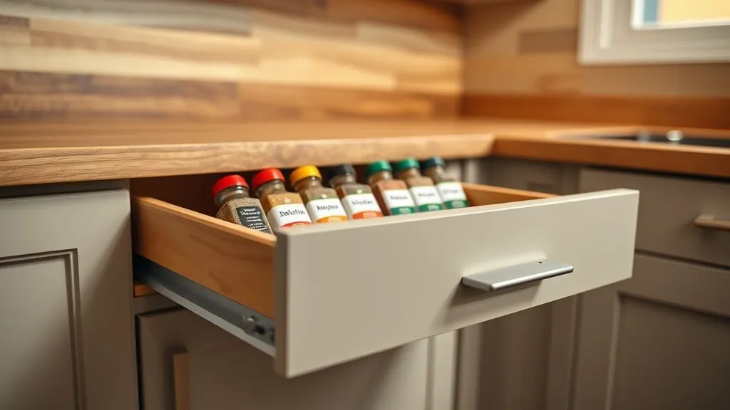 Kitchen and Pantry Organization 18 Full-view kitchen drawer with angled spice inserts displaying labeled jars.