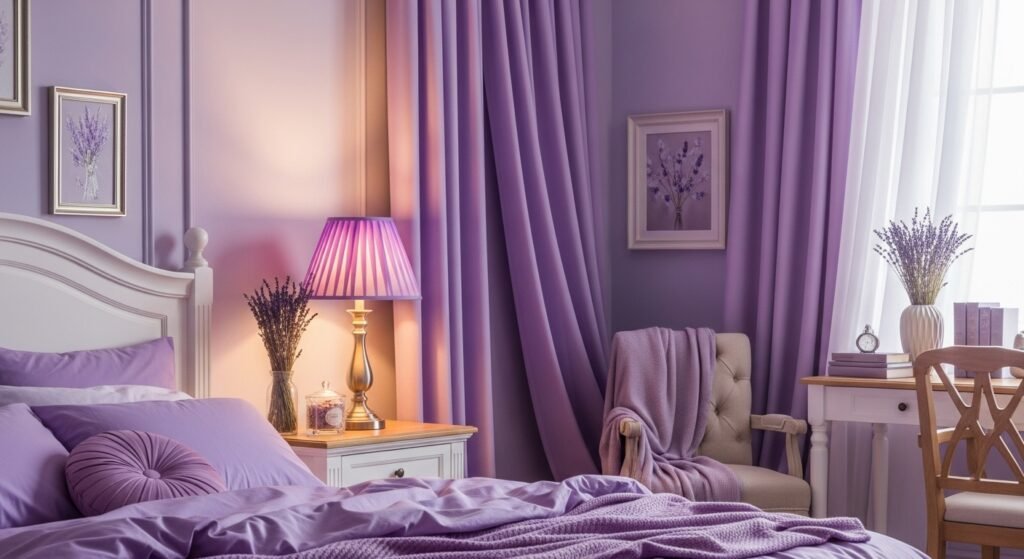 Cozy Home Interiors for Comfort and Timeless Charm 12 A cozy bedroom in lavender color scheme with soft textures and relaxing light.