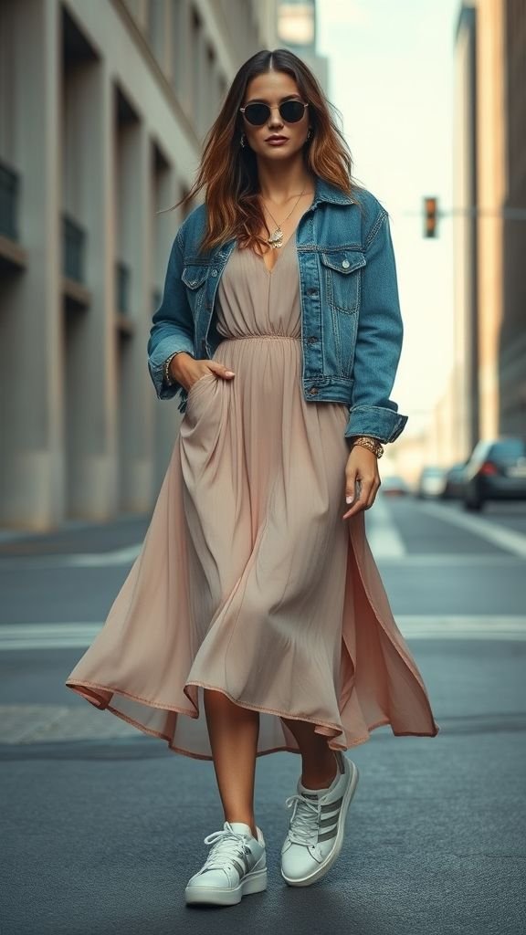 Street Style Looks: Trendy Outfit Ideas for Everyday Fashion 7 Street style midi dress paired with sneakers and oversized denim jacket for a modern urban edge