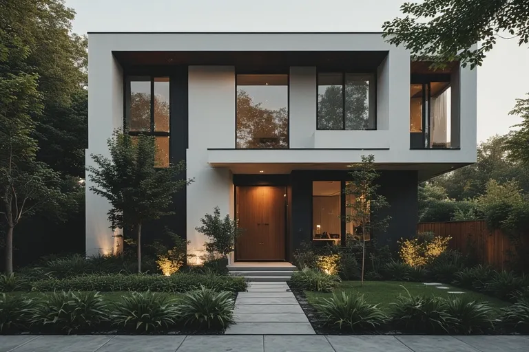 Chic Townhouse Exterior Designs 8 Full 16:9 view of a dual-tone townhouse with white and charcoal facade and modern landscaping.