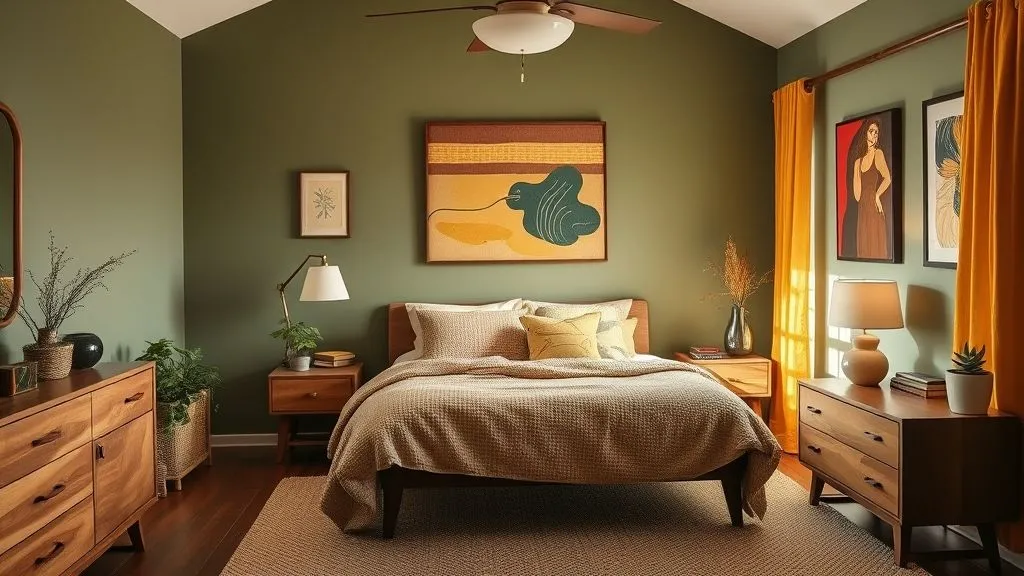 Stylish Mid-Century Modern Bedroom Ideas 5 Bedroom with earthy mid-century color palette in olive, mustard, and brown tones.