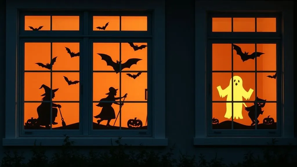 Spooky & Stylish Halloween Outdoor Decorations 16 House windows showing backlit Halloween silhouettes of bats, witches, and ghosts.