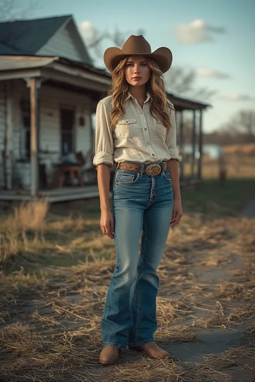 10 Cowgirl Style Outfit Ideas 11 Woman in a casual everyday cowgirl outfit with jeans, shirt, and boots, standing on a rustic porch.