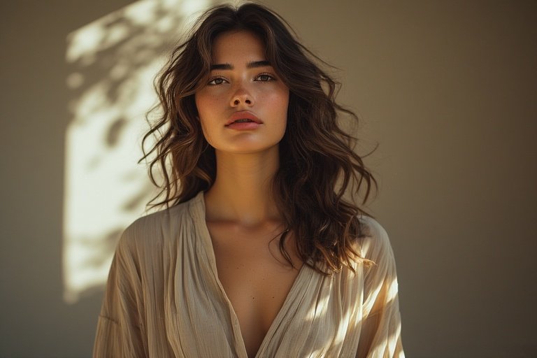 Elegant woman with soft wavy hair and a chic, effortless fashion outfit perfect for this season’s trends.