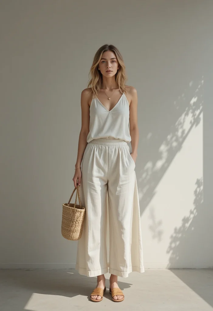 10+Chic Summer Style Inspiration Ideas 2 Woman in an airy ivory linen dress with a straw bag, exuding effortless summer elegance in a coastal setting.