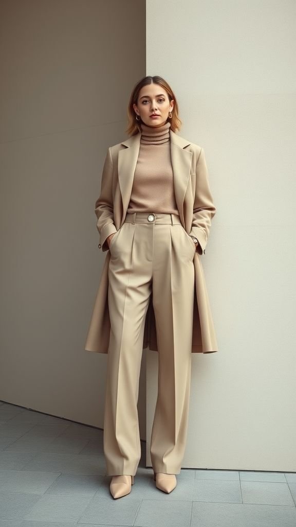 Woman in all-beige monochrome outfit standing stylishly in a minimalist city backdrop.