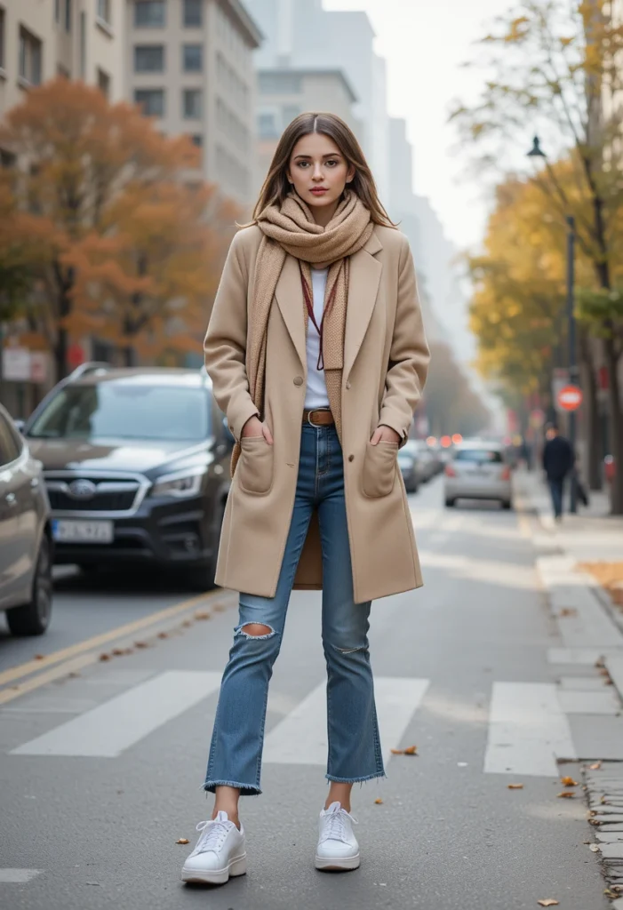 Fall Outfits Ideas For Cool Weather Style 11 Chic fall street style with oversized blazer, jeans, and sneakers for cool-weather fashion.