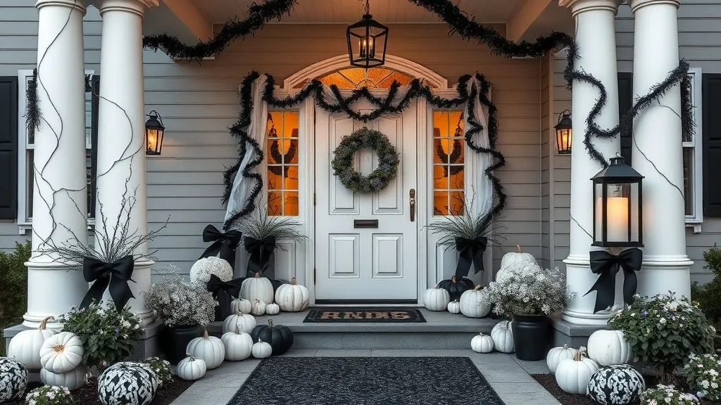 Spooky Halloween Outdoor Decorations 16 Elegant black and white Halloween porch with pumpkins, ribbons, and lanterns.