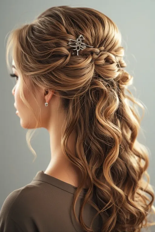 Everyday glam hairstyles effortless beauty ideas 6 "Elegant half-up, half-down hairstyle with curls and a stylish clip for feminine everyday glam."