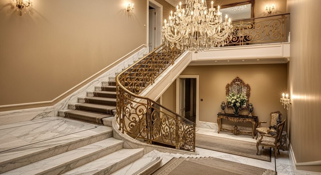 Creative Staircase Transformation Ideas 15 Luxurious marble staircase with brass railings and chandelier lighting.