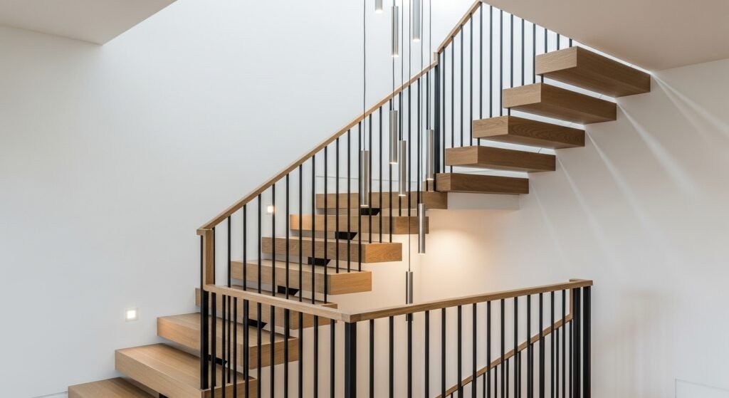 Creative Staircase Transformation Ideas 3 Wooden staircase with black matte metal railings and minimalist design.