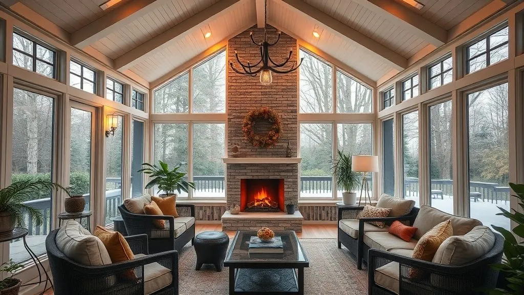 Bright & Cozy Sunroom Ideas 11 Elegant sunroom with fireplace, glass walls, and plush cozy furniture.