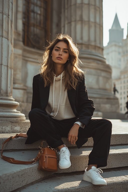 Street Style 2025: Bold Trends to Watch 7 Woman in joggers, cashmere hoodie, and blazer representing elevated athleisure blending comfort and sophistication in 2025.