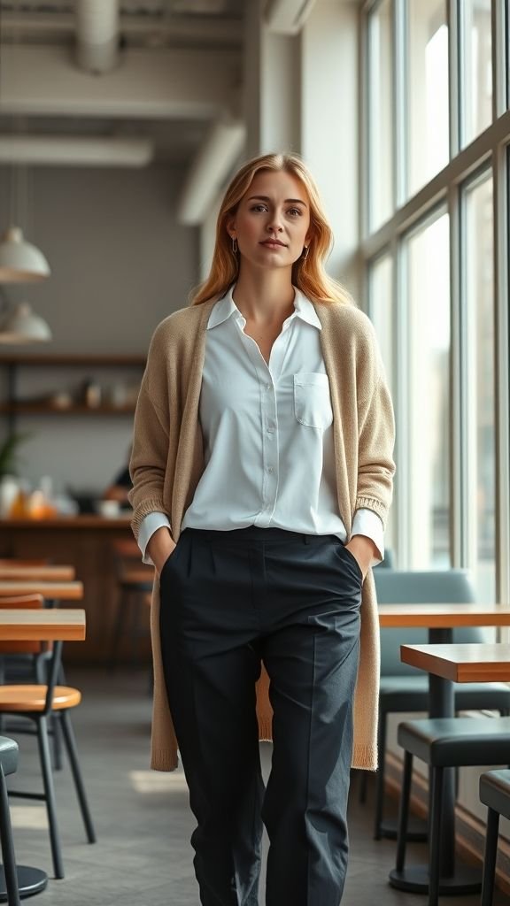 Stockholm Style: Effortless Scandinavian Fashion Defined 5 Stockholm elevated basics with white shirt, black trousers, and beige knit in a modern café