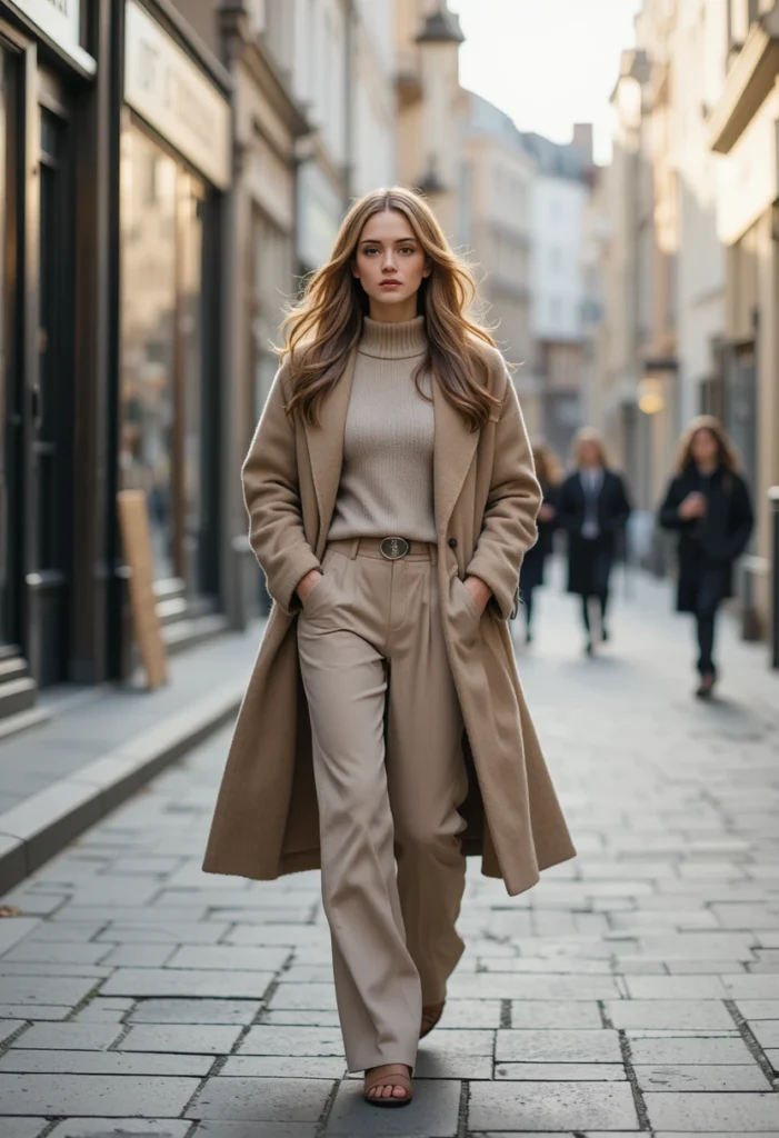 Chic casual winter outfit with oversized coat and wide-leg trousers for an elegant street look.