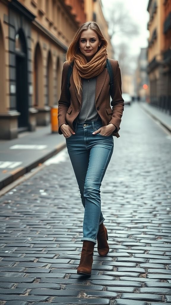 Winter Fashion Inspo: Stylish Cold-Weather Outfits for 2025 6 Stylish woman in blazer and jeans showing elevated casual winter fashion.