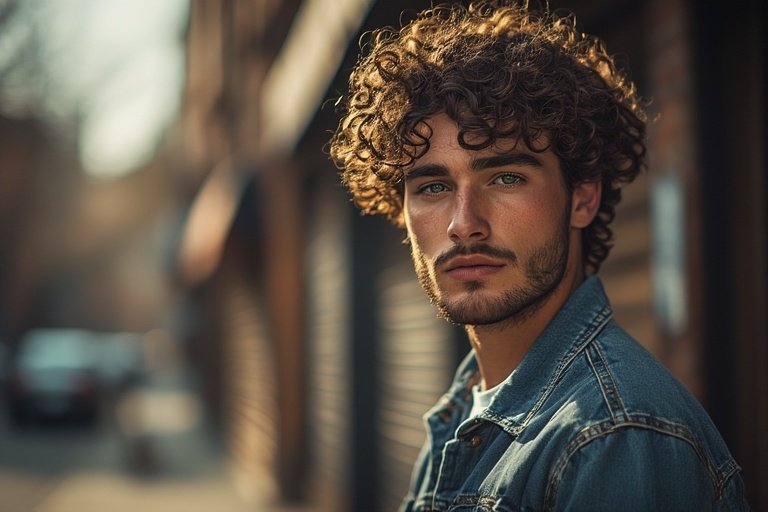 Curly Hair Men’s Styles 1 Close-up hyper-realistic photo of a man with natural curly hair, soft curls, and casual urban style.