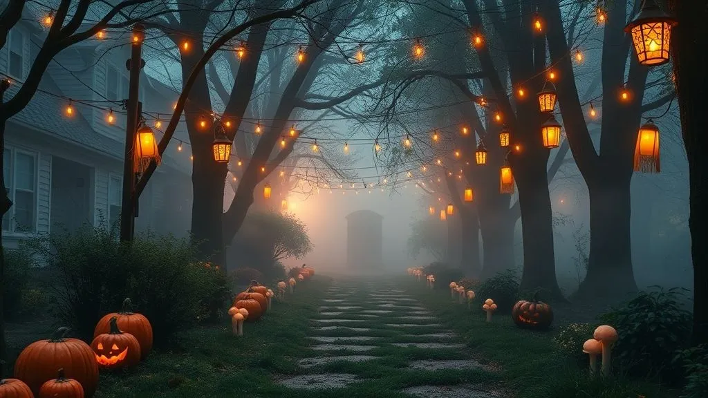 Spooky Halloween Outdoor Decorations 15 Halloween enchanted forest path with fog, pumpkins, and glowing lanterns.