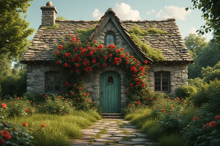 20 Cottage House Ideas You Will Love 7 Full 16:9 view of entire fairytale stone cottage covered with vibrant red climbing roses.