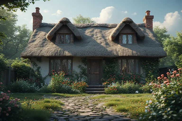 Charming Cottage Ideas for Timeless Comfort 7 English cottage with thatched roof, chimney, and colorful garden under soft sunlight.