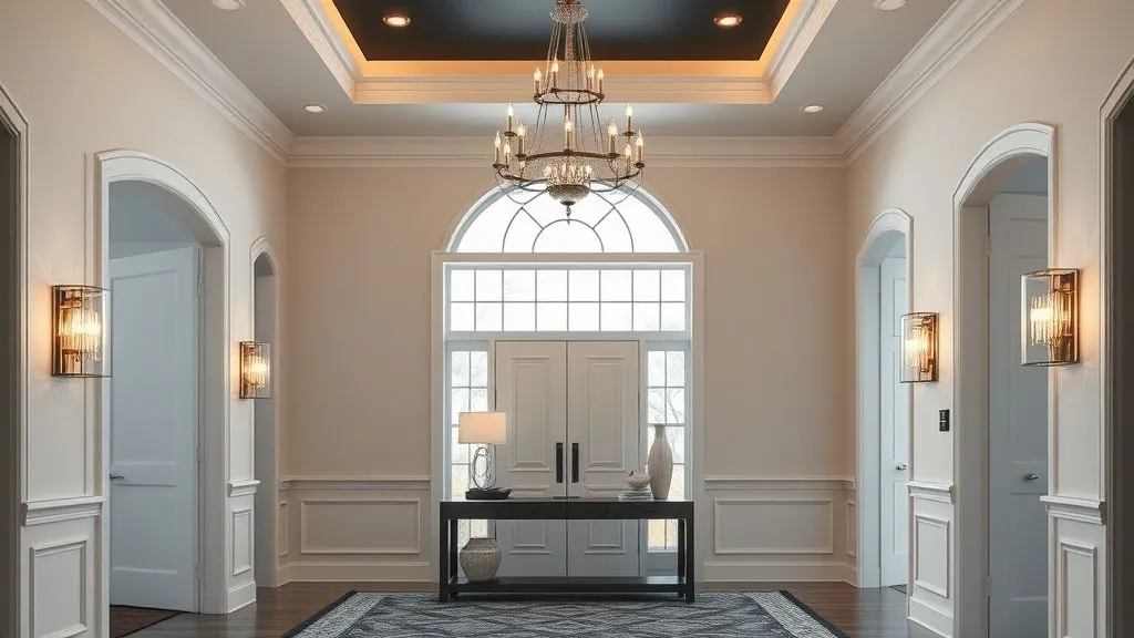 Hyper-realistic 16:9 full view of a modern entryway featuring dramatic statement lighting, chandelier above a console table, pendant lights and wall sconces highlighting sleek décor, bright and stylish Pinterest-ready space.