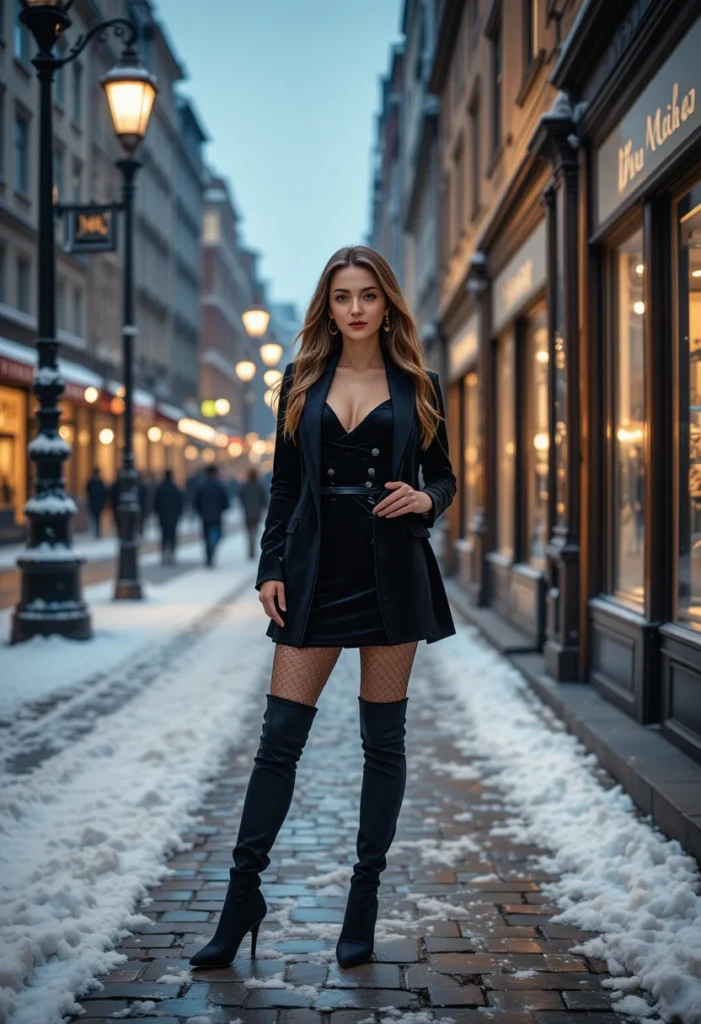 Elegant Stockholm evening outfit featuring a velvet dress, blazer, and boots — refined winter night fashion look.