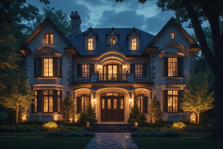Chic Townhouse Exterior Designs 21 Full 16:9 view of townhouse exterior at night with warm lighting and glowing windows.