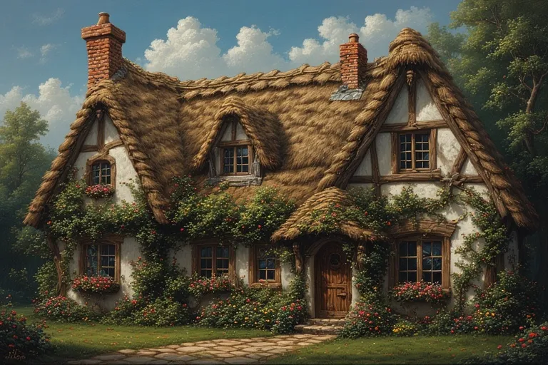 20 Cottage House Ideas You Will Love 14 Full 16:9 view of thatched roof fairytale cottage with flowering vines.