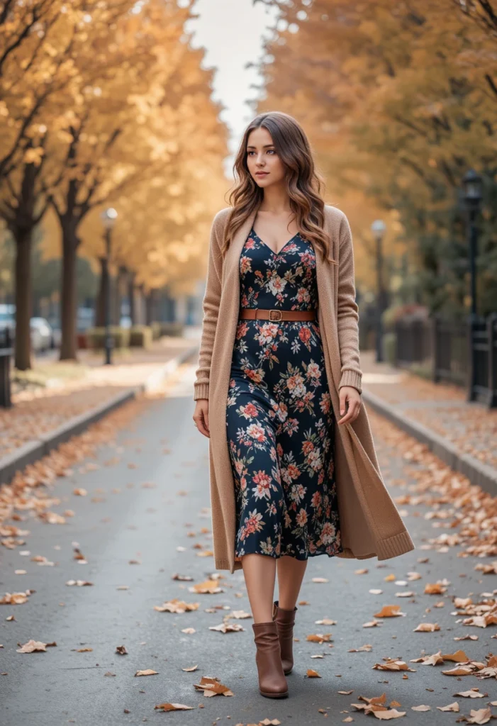 Fall Outfits Ideas For Cool Weather Style 10 Floral midi dress with cardigan and boots styled for elegant fall outfit look.