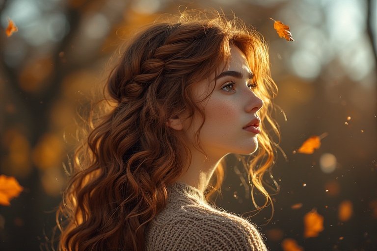 Elegant fall hairstyle with warm caramel curls and soft braids, perfect for an autumn-inspired look surrounded by golden leaves.