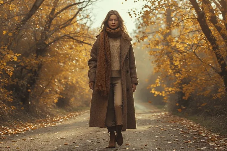A fashionable 2025 fall outfit featuring cozy layers, a knit sweater, and ankle boots set against a golden autumn backdrop, blending warmth with modern chic style.