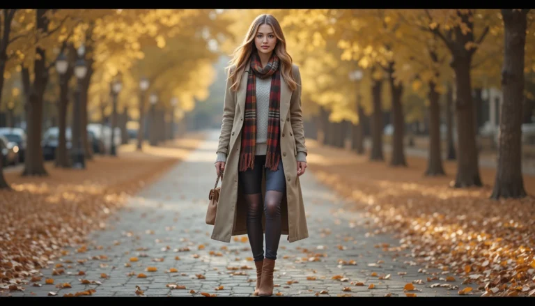 Stylish woman in a trench coat, knit sweater, and boots surrounded by autumn leaves, showcasing chic fall outfit ideas for cool weather.