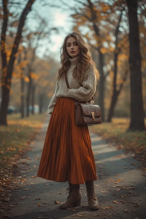Chic Fall Outfits to Stay Cozy and Stylish This Season 11 Stylish autumn outfit with a pleated midi skirt and sweater, perfect for cool fall days.