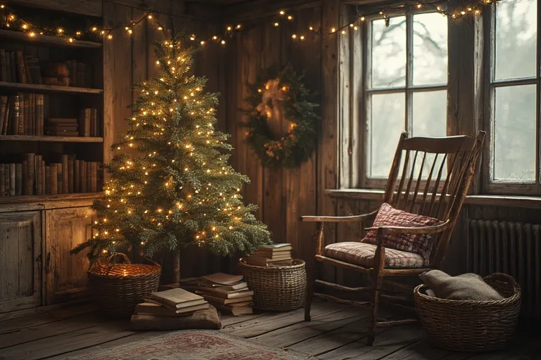Christmas Reading Nook 5 Farmhouse-style Christmas nook with wood chair, gingham pillows, and small tree.