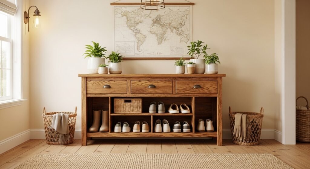 Shoe Storage Ideas for a Stylish and Organized Home 11 Repurposed wooden dresser used as a rustic shoe rack in a farmhouse entryway.
