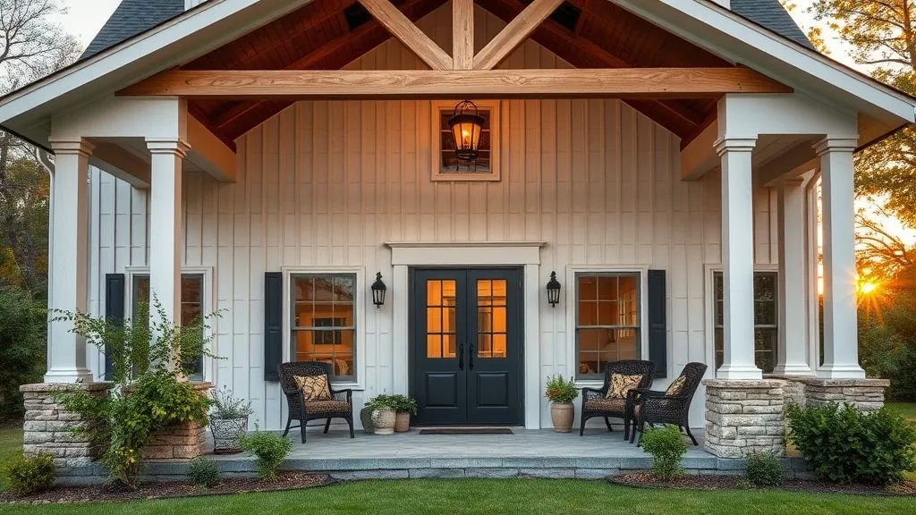 Stunning House Designs Exterior Ideas 4 Modern farmhouse exterior featuring board-and-batten siding, wood beams, and stone detailing with a cozy wraparound porch and warm sunset glow.